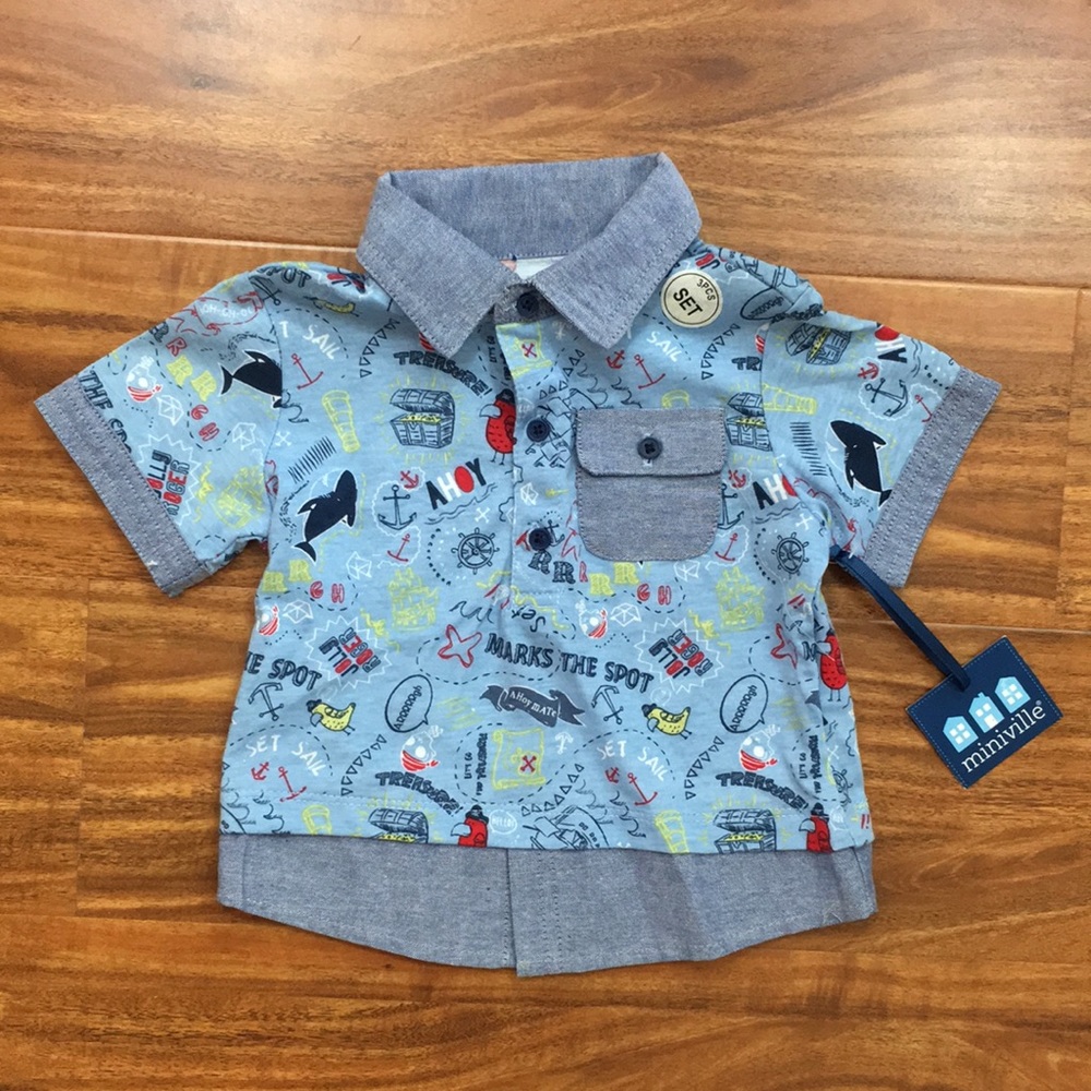 3/$25 NWT New Miniville Baby Boy Blue Collar Button Short Sleeve Shirt Size 6M